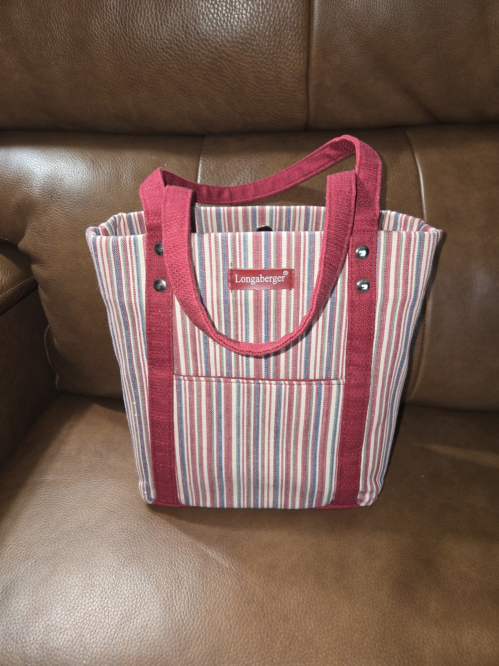 Longaberger Red, Cream and Blue Striped Canvas Tote Bag
